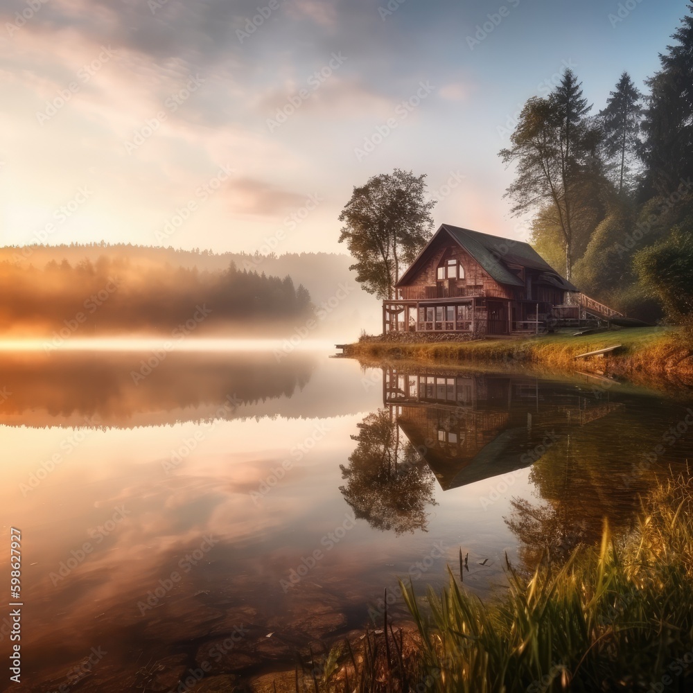 Cottage near large lake in forest area