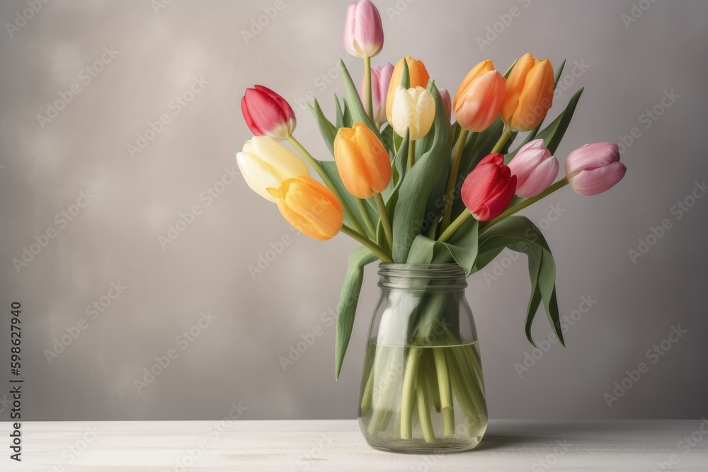 Colorful tulips in vase on pale background Colorful tulips in vase on pale background