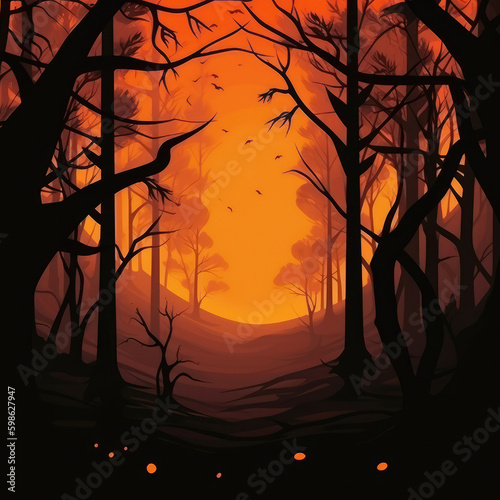 Dark forest with orange background