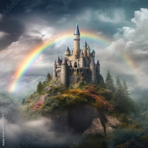 Enchanted castle hidden in the clouds with a rainbow