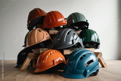 Pile of protective helmets for woodworking on white bg. Generative AI