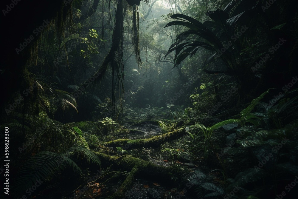 Dark lush jungle. Generative AI