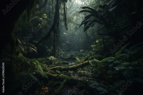 Dark lush jungle. Generative AI