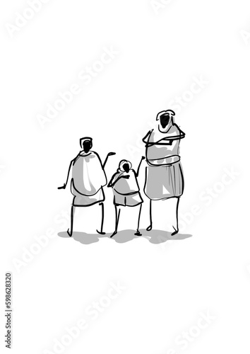 Adult and two children quick line illustration