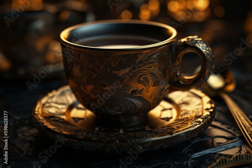 Espresso coffee with gold patterns symbolizing the art of repair. Unique blend of art and flavor. Generative AI