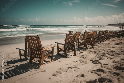Beach vacation with chairs and ocean. Generative AI © Fallon