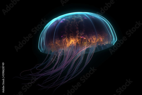 Nature concept. Colorful jellyfish floating in space or dark water. Generative AI