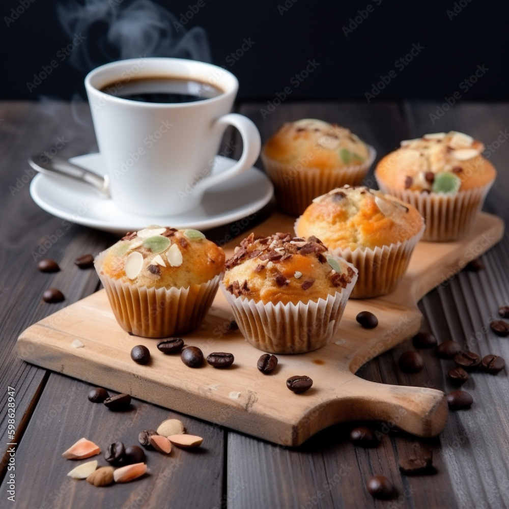 Generative AI illustration. Freshly baked muffins on a natural wooden board Generative AI illustration. Freshly baked muffins on a natural wooden board