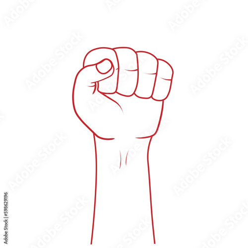 Isolated red outline illustration of hand gesture, fist punching up symbol of power, fitness, sport, team, group, people, vote, election, voice, martial art