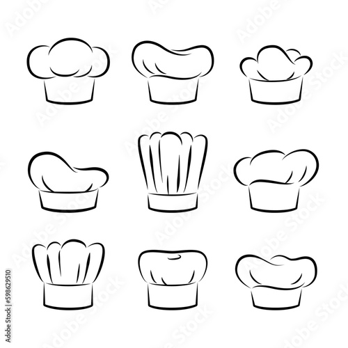 Chef hat line art set vector isolated on white background. Chef toques and hats set in sketch style. For cafe, restaurant or menu design
