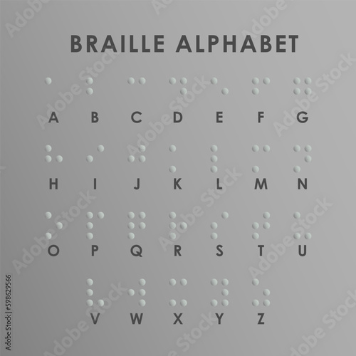Braille alphabet grey color isolated editable vector. Braille alphabet letters in a row. Braille is a tactile writing system used by blind or visually impaired people.