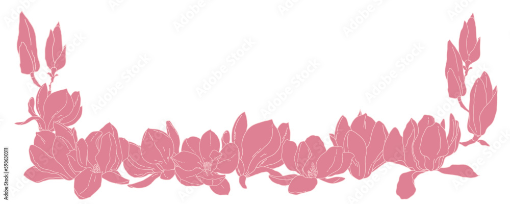 Magnolia flowers in bloom frame border template. Hand drawn realistic detailed vector illustration. Pink line and fill clipart.
