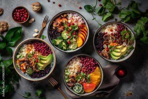 Vegetable-packed vegan bowls with rice and fruit toppings. Generative AI