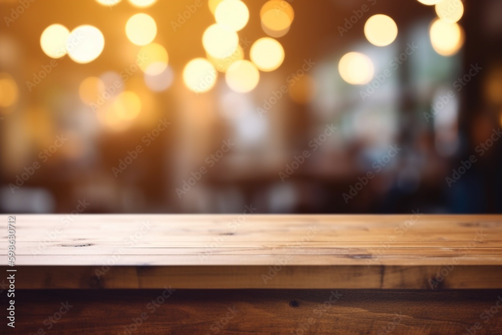 Empty Wooden Table Top with Blurred Interior Background: Natural Wood Created with Generative AI Empty Wooden Table Top with Blurred Interior Background: Natural Wood Created with Generative AI