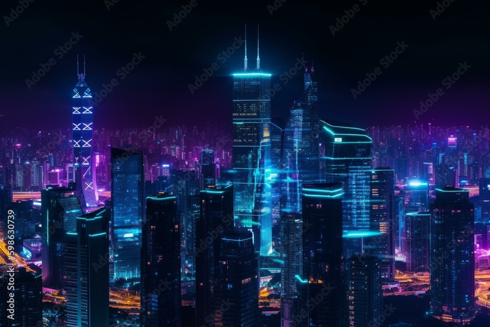 Night metropolis with neon lights and visionary skyscrapers. Generative AI