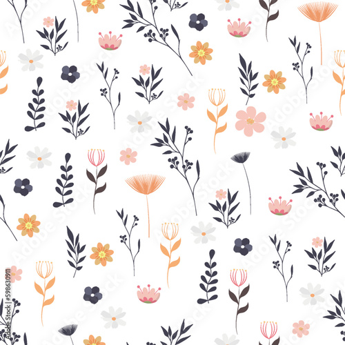 Seamless botanical pattern of meadow herbs and flowers. Great for textiles and clothing.