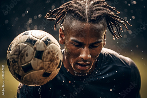 Young soccer player trains with tenacity and dedication in the rain - ai generative