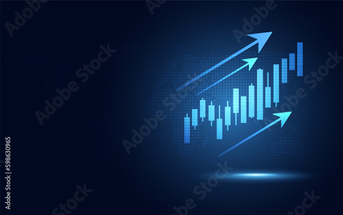 Futuristic blue glowing rising arrow chart digital transformation abstract technology background. Big data and business growth currency stock and investment economy. Vector illustration
