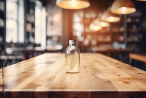 Empty Wooden Table Top with Blurred Interior Background: Natural Wood Created with Generative AI