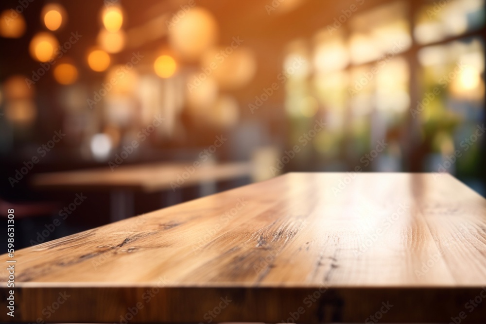 Empty Wooden Table Top with Blurred Interior Background: Natural Wood Created with Generative AI Empty Wooden Table Top with Blurred Interior Background: Natural Wood Created with Generative AI