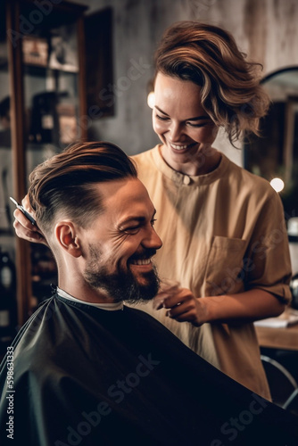 A smiling woman hairdresser giving a haircut to a handsome happy male client in a professional beauty salon - ai generative
