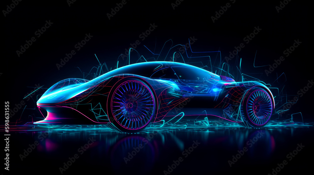 Fototapeta premium Futuristic sport car concept in neon colors. Future transportation. Driverless autonomous vehicle. Self driving car technology. Generative AI.