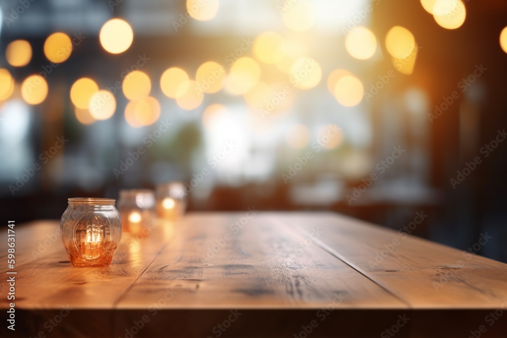 Empty Wooden Table Top with Blurred Interior Background: Natural Wood Created with Generative AI Empty Wooden Table Top with Blurred Interior Background: Natural Wood Created with Generative AI