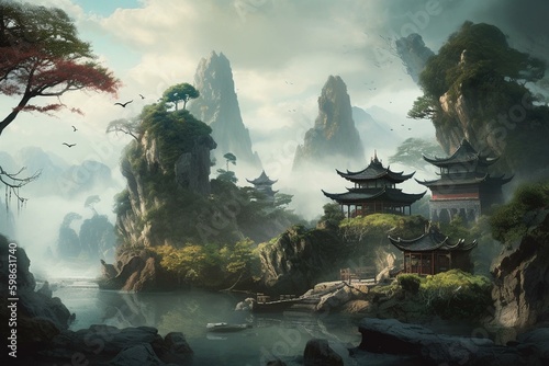 Artistic landscape painting in Chinese style. Generative AI