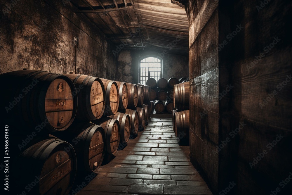 Beer barrels stacked against walls in cellar. Generative AI