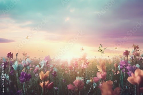 spring meadow with sun from generative ai