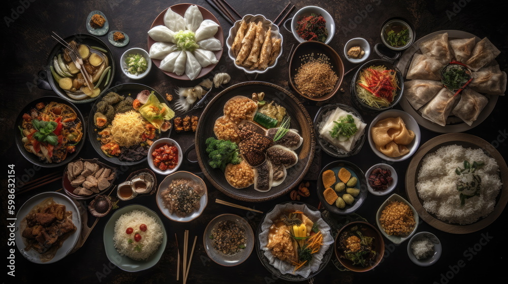 Top view of various Asian food