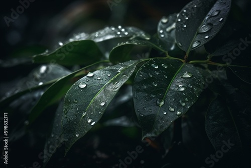 Close-up of plant with water droplets on leaves against dark background  featuring green leaf and few drops. Generative AI