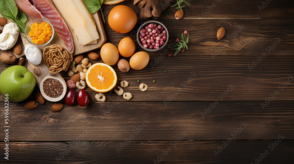  top view, Healthy food and balanced diet, on wood background