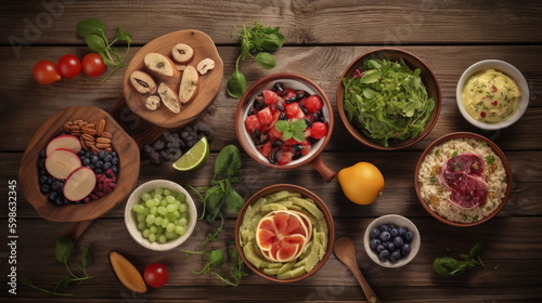 healthy food dishes, on wood background