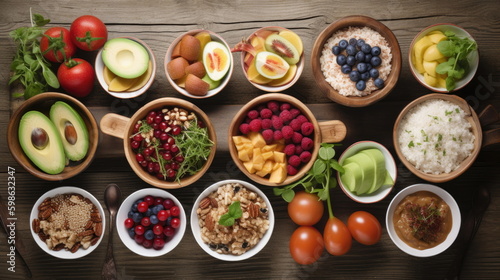 healthy food dishes, on wood background