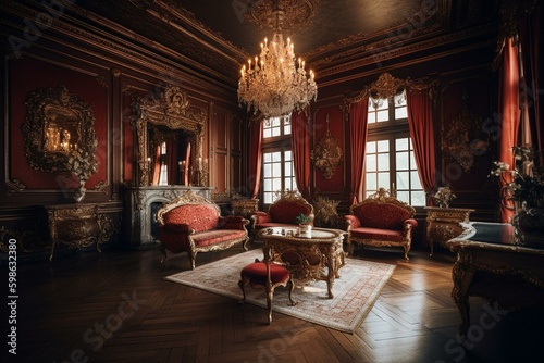 Opulent royal living room adorned with antique furniture, gold trim, and a grand fireplace. Abundant with natural light. Generative AI © Daenerys