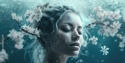  Floral Symphony. Discover the harmonious convergence of nature and visual artistry, as a woman becomes one with the flowing cyan waves, adorned with delicate flowers. Sensory concept AI Generative