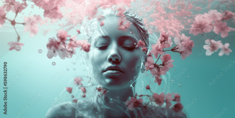 Purple Floral Symphony. Discover the harmonious convergence of nature and visual artistry, as a woman becomes one with the flowing cyan waves, adorned with flowers. Sensory concept AI Generative