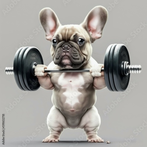 Muscular French Bulldog Lifting Weights in Fitness, Isolated on White Background. Generative ai © Scrudje