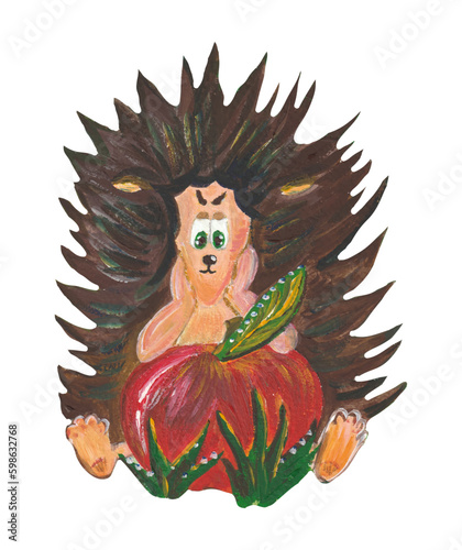 vector acrylic illustration character cartoon pensive hedgehog with red apple isolated on white background