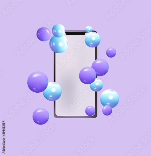 Immersive 3D social media environment, facilitating digital interactions and connections through cutting-edge online communication tools. Mobile phone and colored balls. Vector. Generative AI © YustynaOlha