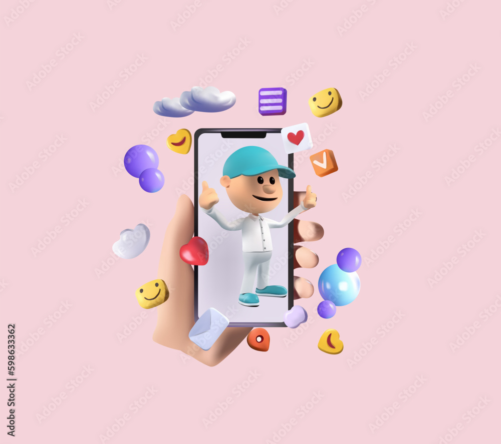 Innovative 3D concept for a virtual social networking platform. Mobile phone with volumetric icons, emojis, comments, hearts, thumbs-up. Concept communication applications. Vector Generative AI Innovative 3D concept for a virtual social networking platform. Mobile phone with volumetric icons, emojis, comments, hearts, thumbs-up. Concept communication applications. Vector Generative AI