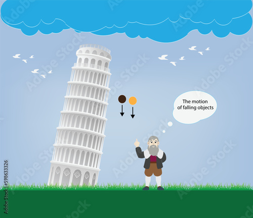 illustration of physics, THE LAW OF FALLING BODIES, Galileo's law of inertia, Newton’s First Law of Motion, free falling objects, Pisa tower