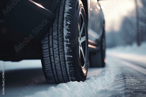 Automobile tire on snowy road. Generative AI