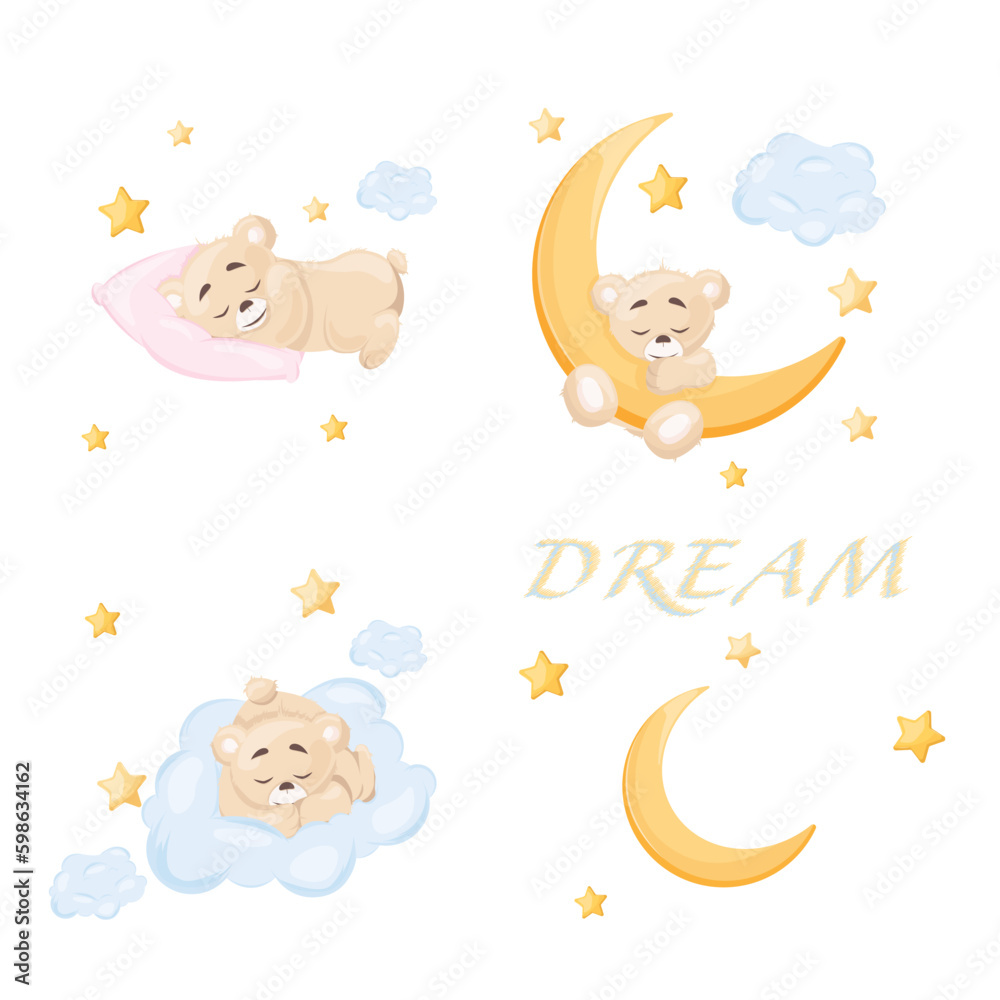 Cute little sleeping teddy bear on transparent background, vector illustration, kids fashion, baby graphic for wallpapers and prints. Cartoon vector illustration. Generative AI