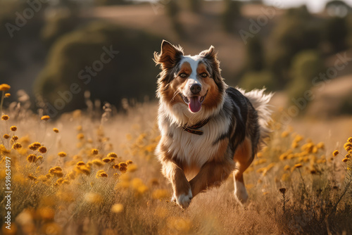 Nature's Playground. Explore the harmonious connection between a shepherd dog and its natural surroundings, as it playfully dashes across a sun-drenched meadow. Adventure concept AI Generative