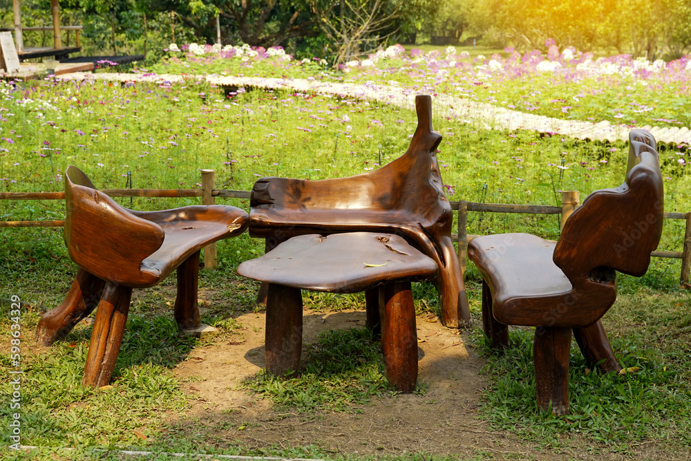 Wooden furniture set made from tree stumps, roots, scrap wood, products