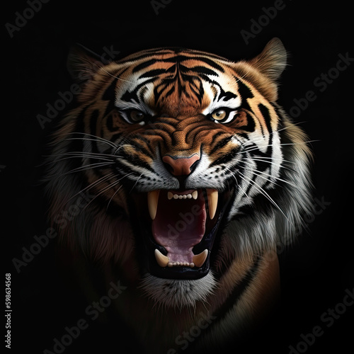 The muzzle of a tiger on a dark background. Digital art. Generative AI.