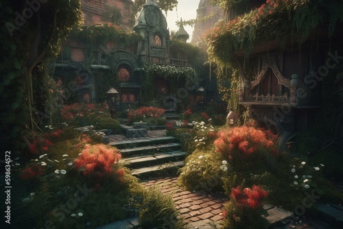 Fantasy garden with rich flora depicted in digital form. Generative AI
