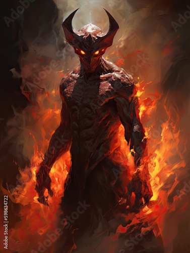 Devil with horns on a background of fire. Digital art. Generative AI. © Cridmax